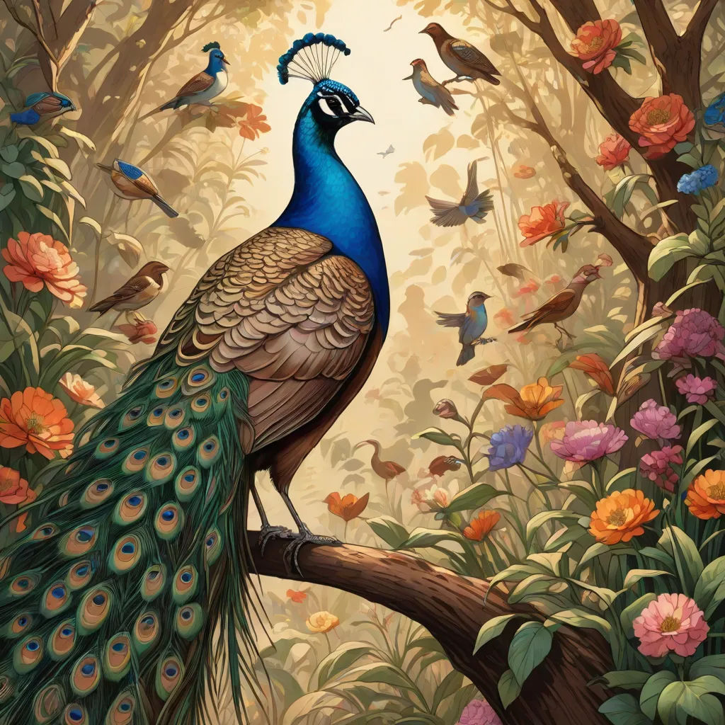 a painting of a peacock sitting on a tree branch in a forest with flowers and butterflies around it and a bird flying above, fantasy art, a storybook illustration, Chris LaBrooy, highly detailed digital painting