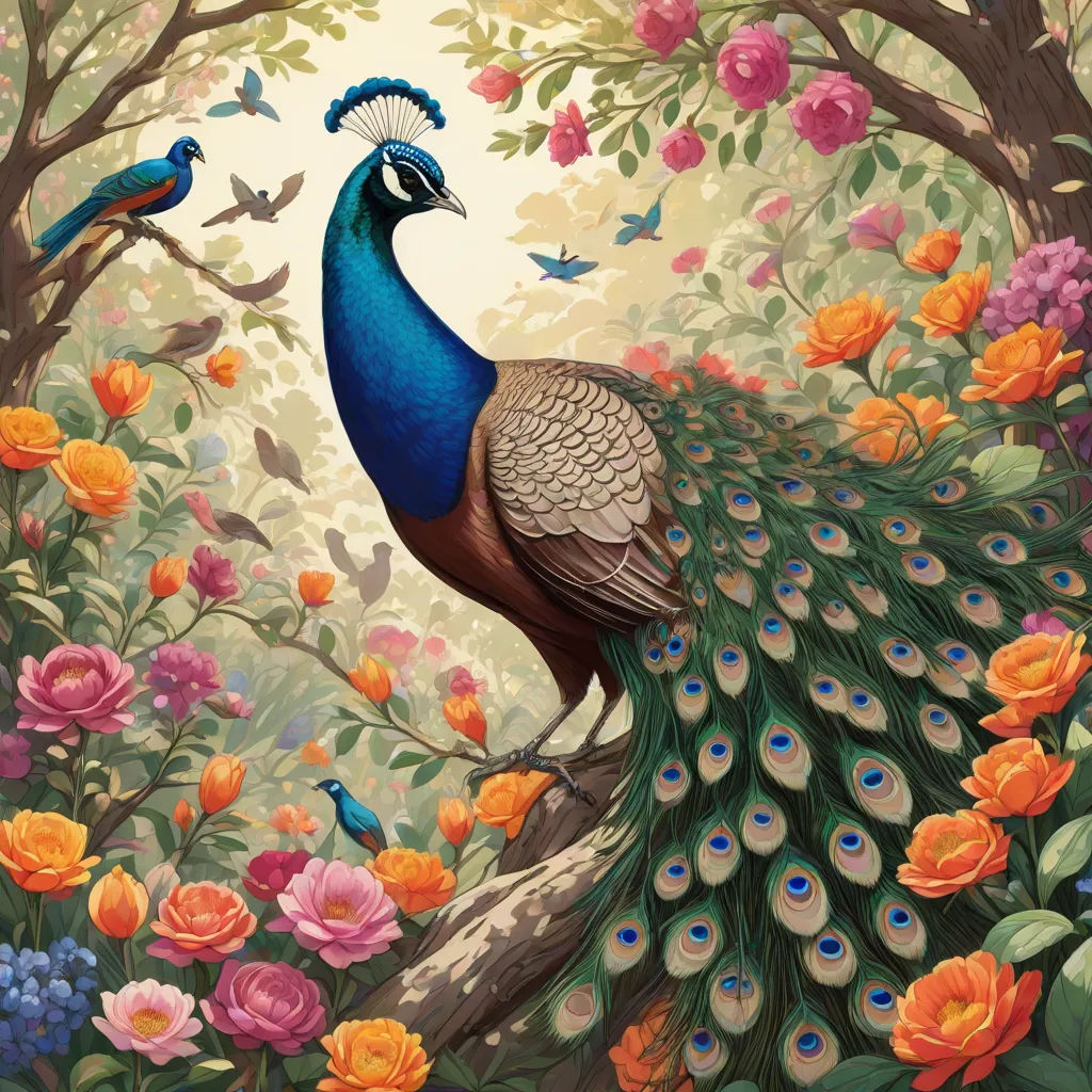 a painting of a peacock sitting on a tree branch with flowers and birds around it and a tree with many flowers and birds around it, pop surrealism, an art deco painting, Chris LaBrooy, highly detailed digital painting