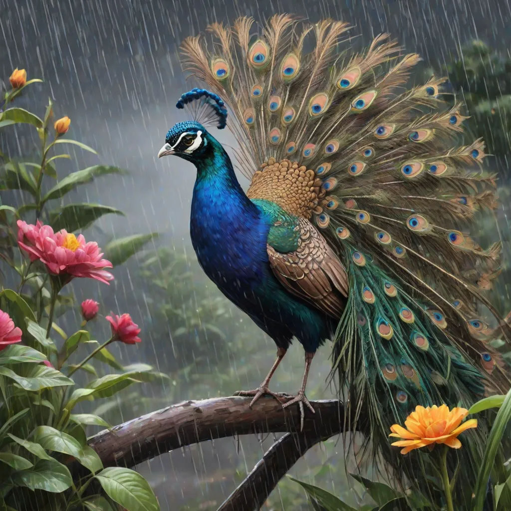 a peacock standing on a tree branch in the rain with its feathers spread out and it's feathers spread out, photorealism, a photorealistic painting, Chris LaBrooy, highly detailed digital painting
