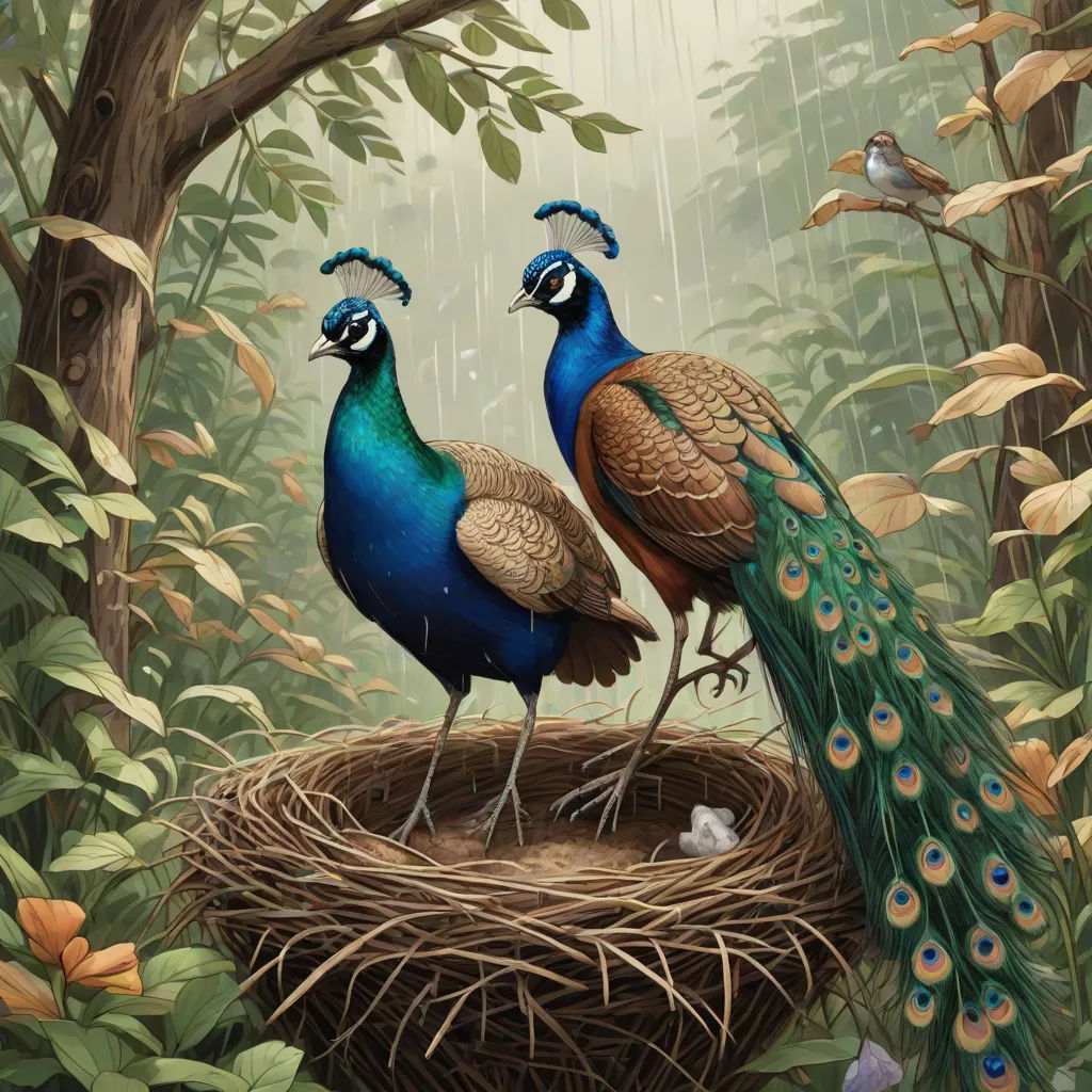 two peacocks standing on a nest in a forest with a bird on top of it and another bird on the other side, magic realism, a detailed painting, Chris LaBrooy, highly detailed digital painting