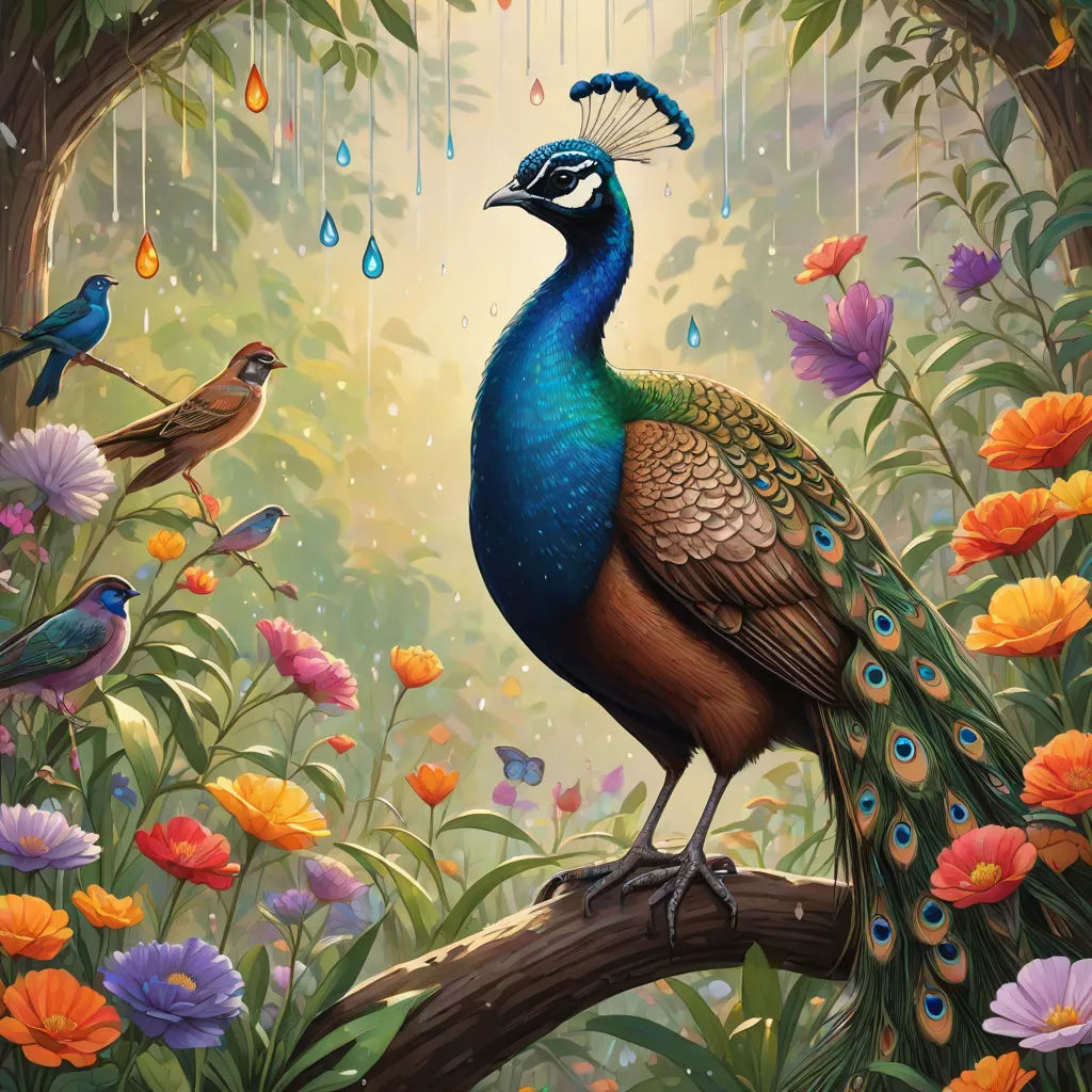 a painting of a peacock on a branch with flowers and rain drops falling down on it's feathers, fantasy art, a detailed painting, Chris LaBrooy, highly detailed digital painting