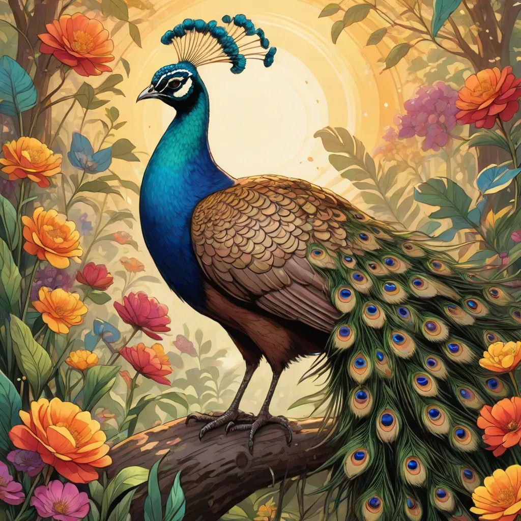 a peacock is standing on a branch in a flowery area with a sun in the background and flowers, psychedelic art, a detailed painting, Dan Mumford, highly detailed digital painting