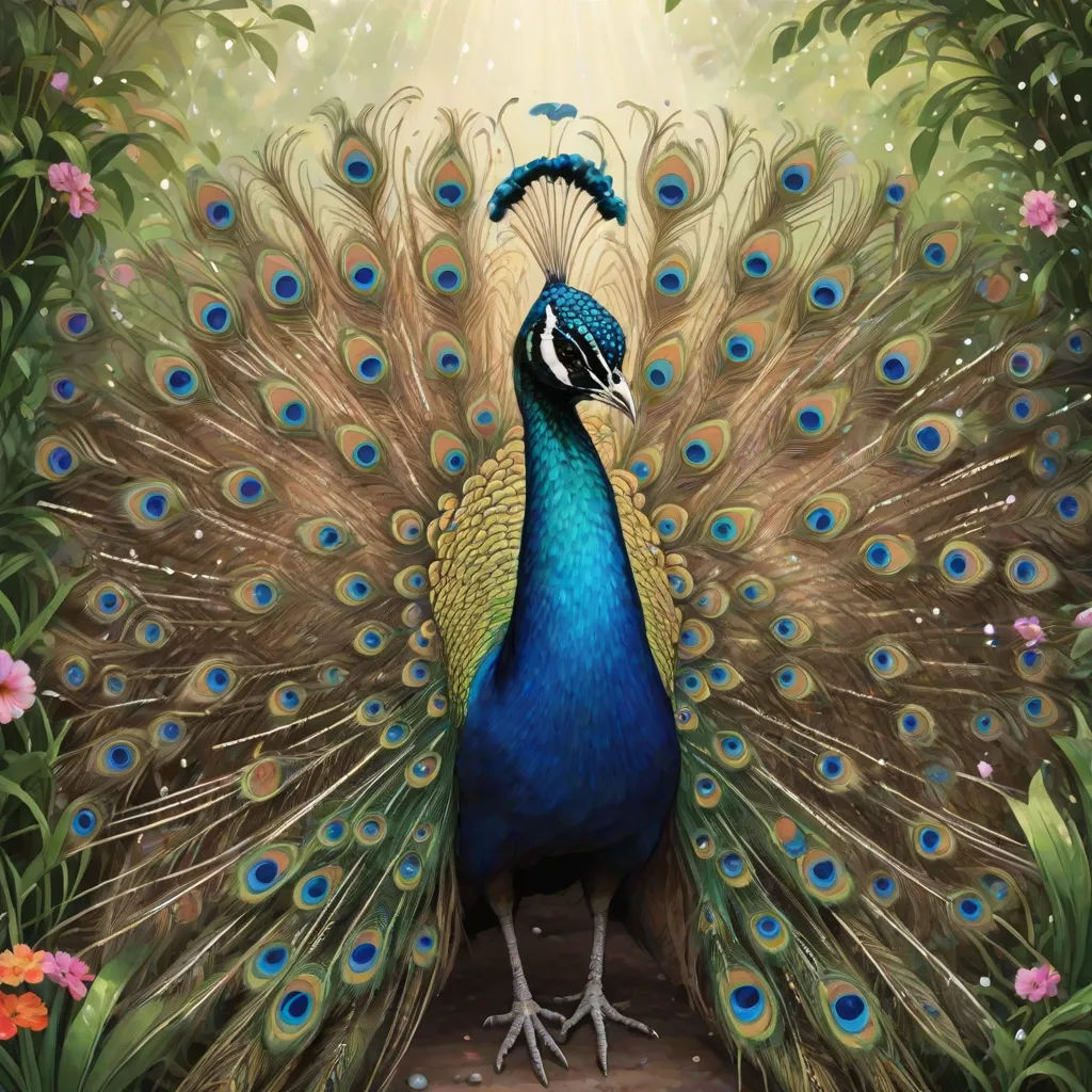 a painting of a peacock with its feathers open and its tail spread out, with flowers in the background, magic realism, a storybook illustration, Daniel Merriam, walton ford