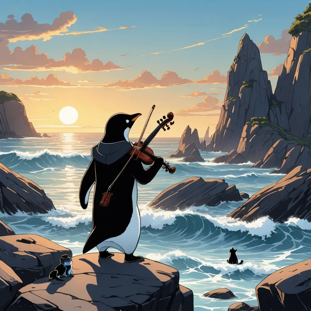 a penguin playing a violin on a rocky cliff by the ocean at sunset with a penguin playing the violin, ukiyo-e, a storybook illustration, Cliff Childs, official art