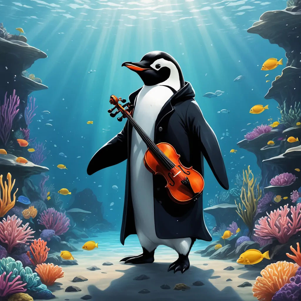 a penguin playing a violin under the sea water with a fish and corals around it, under the sunlight, sots art, a storybook illustration, Cliff Childs, promotional image