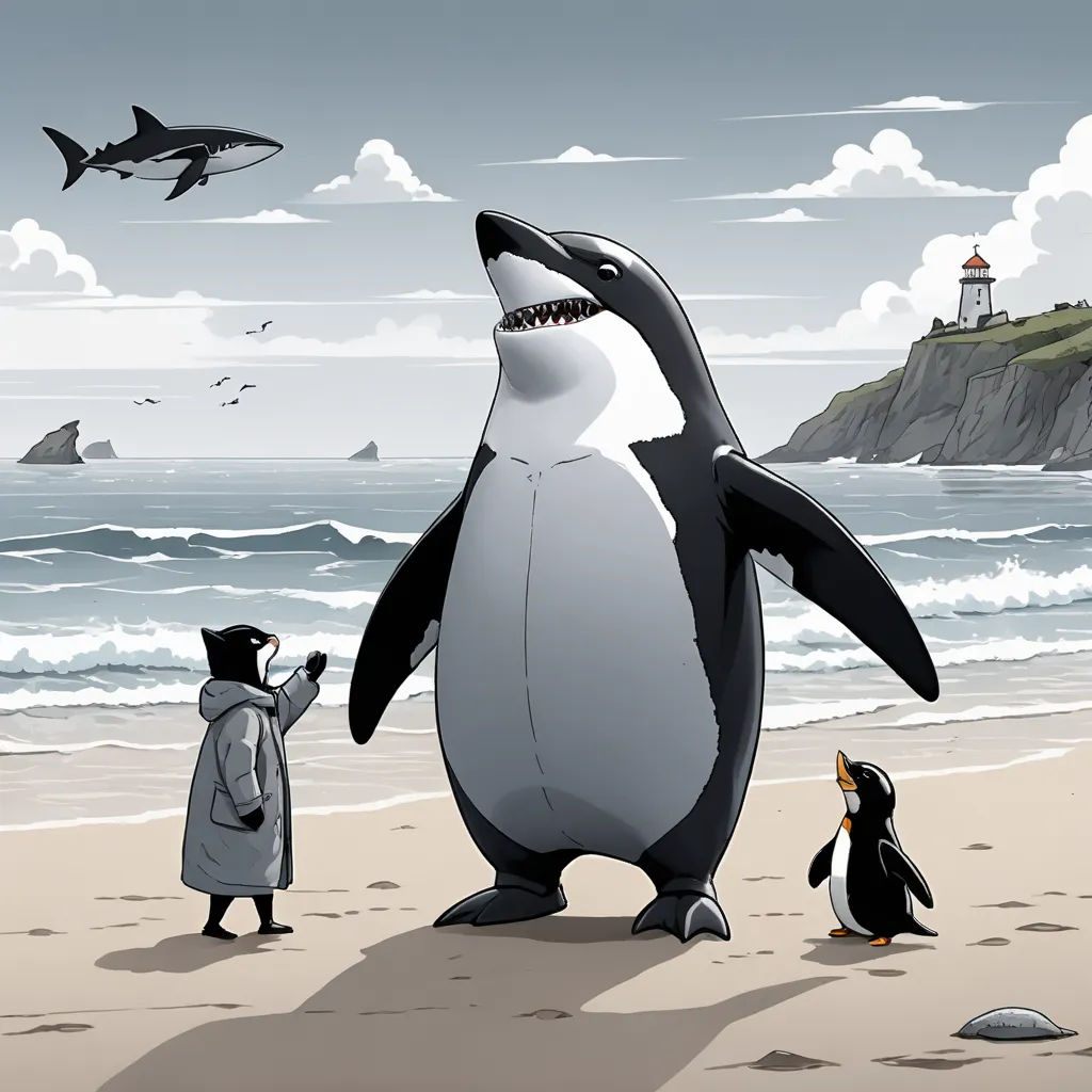 a penguin and a penguinling on a beach with a lighthouse in the background and a shark in the foreground, pop surrealism, a storybook illustration, Chris LaBrooy, storybook illustration