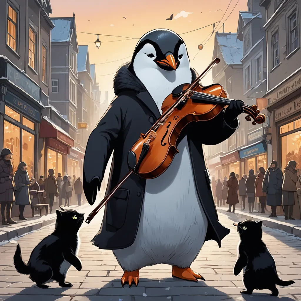 a penguin playing a violin while a cat watches from the street while people watch from the sidewalk in the background, sots art, a character portrait, Chris LaBrooy, official art
