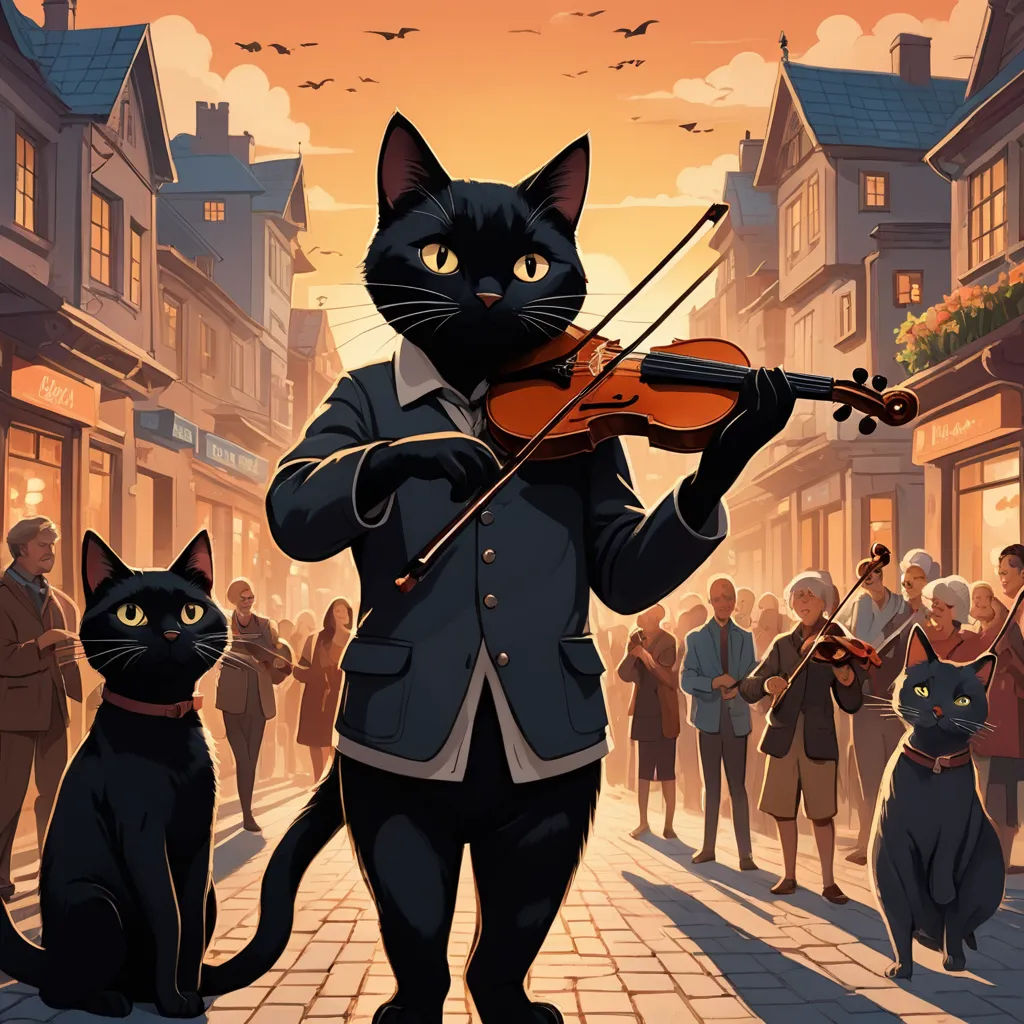 a black cat playing a violin in front of a crowd of people on a street at sunset with a black cat sitting on the ground, fantasy art, a storybook illustration, Chris LaBrooy, key art