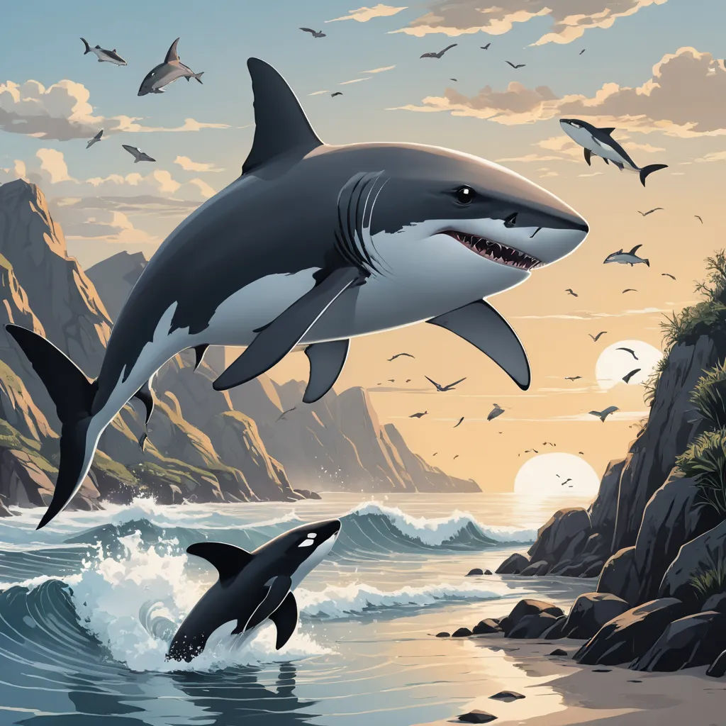 a painting of two sharks jumping out of the water to catch a fish in the ocean with a mountain in the background, fantasy art, a comic book panel, Dan Mumford, sharp foccus ilustration
