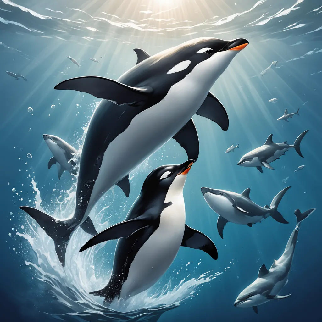 a group of penguins swimming in the ocean together with a sun shining above them and a group of dolphins swimming in the water, rayonism, a digital painting, David Martin, official art
