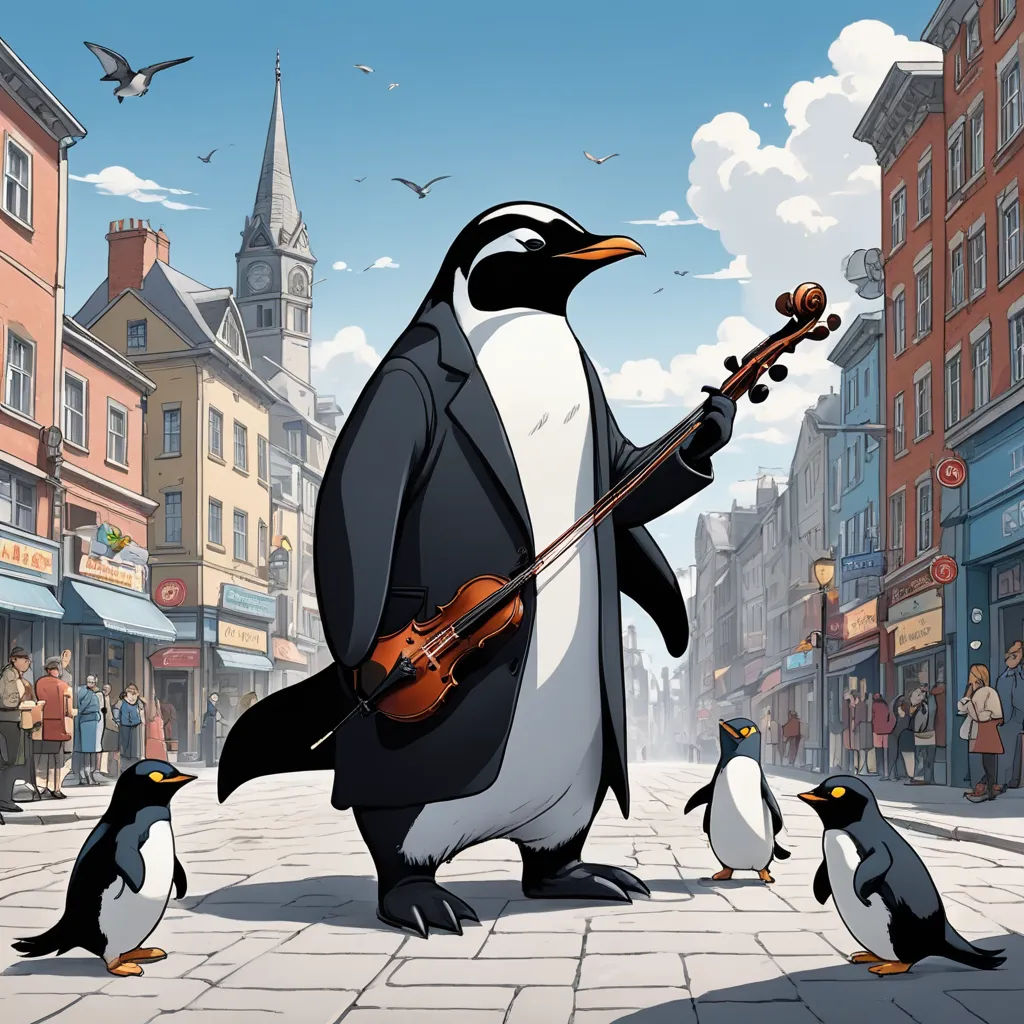 a penguin playing violin while penguins walk by on the street in front of him and a penguin playing violin, magic realism, a storybook illustration, Chris LaBrooy, official art