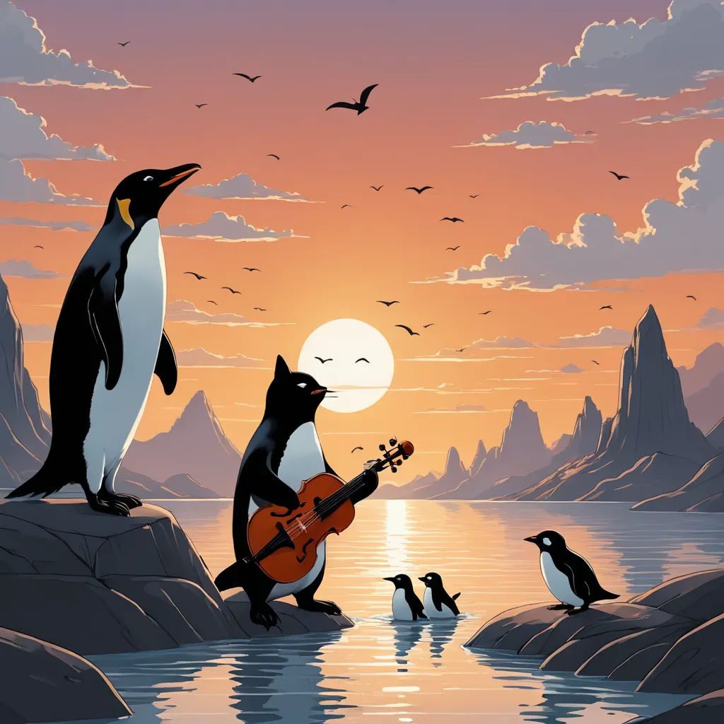 a penguin playing a guitar while penguins watch at sunset on the rocks near the water and penguins are standing on the rocks, analytical art, a storybook illustration, Chris LaBrooy, storybook illustration