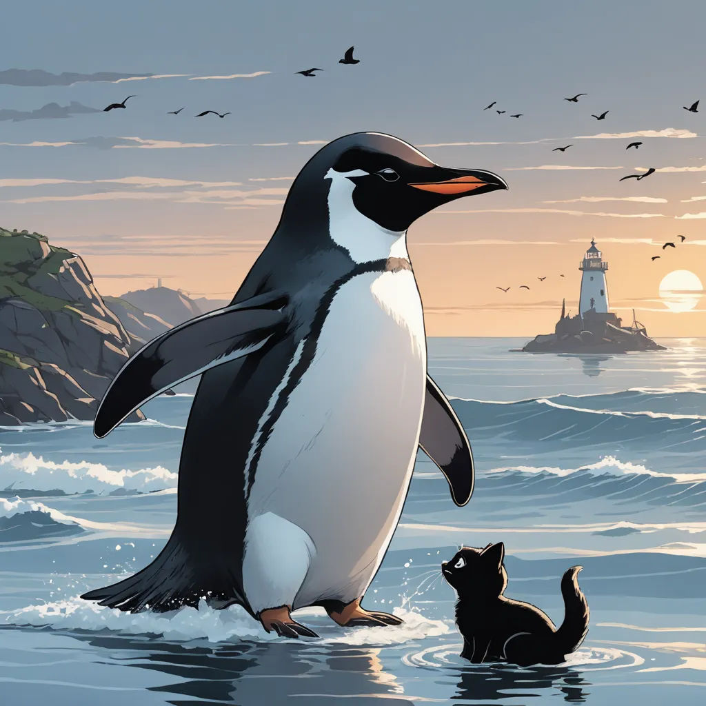 a penguin and a cat are standing in the water near a lighthouse and a lighthouse house in the background, furry art, a comic book panel, Cliff Childs, comic cover art