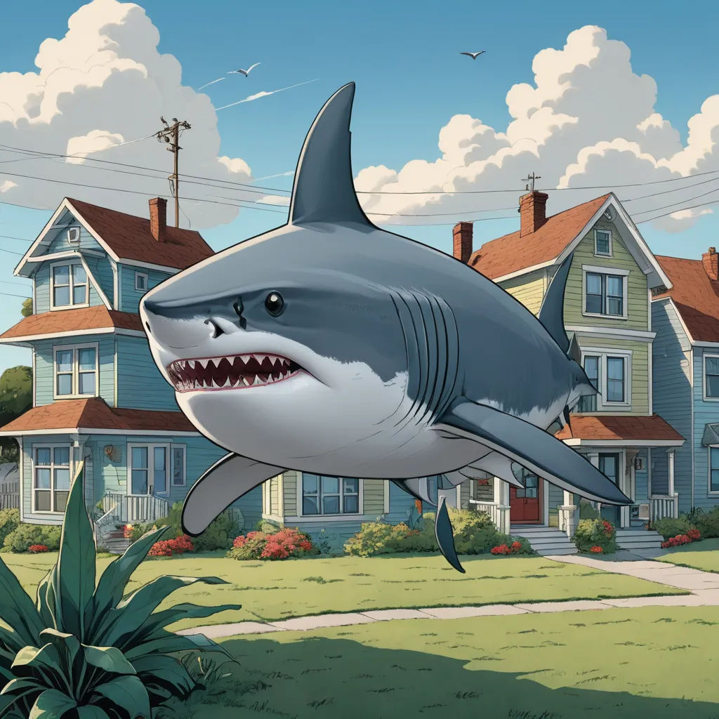 a shark is jumping over a house in the yard of a house with a shark on it's back, american scene painting, a comic book panel, Chris LaBrooy, promotional image