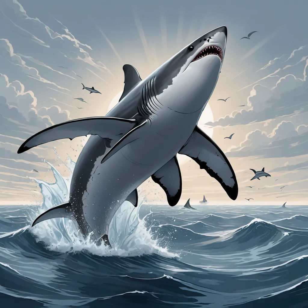 a shark jumping out of the water with a lot of sharks in the background and a sunburst, pop surrealism, a digital painting, Cyril Rolando, highly detailed digital painting