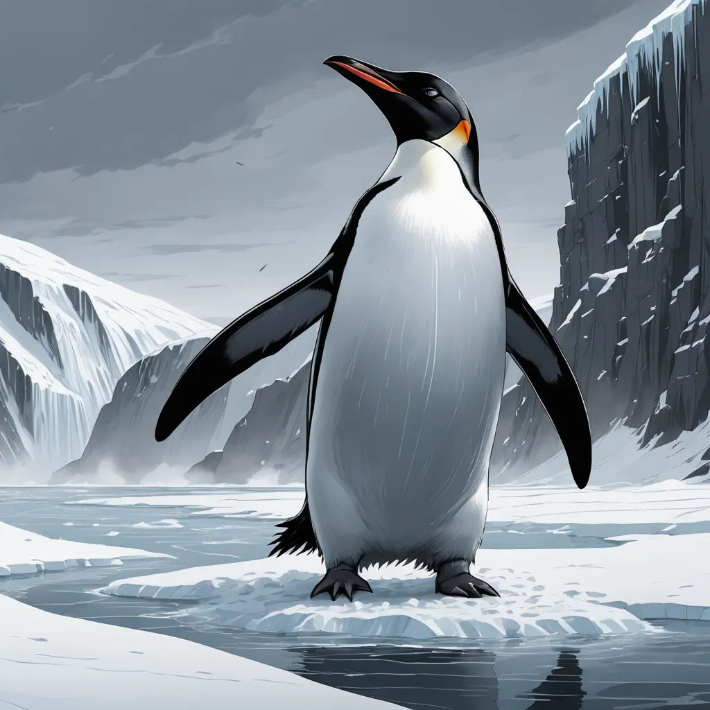 a penguin standing on a rock in the snow near a body of water and mountains in the background with a cloudy sky, computer art, a digital painting, Cliff Childs, official art