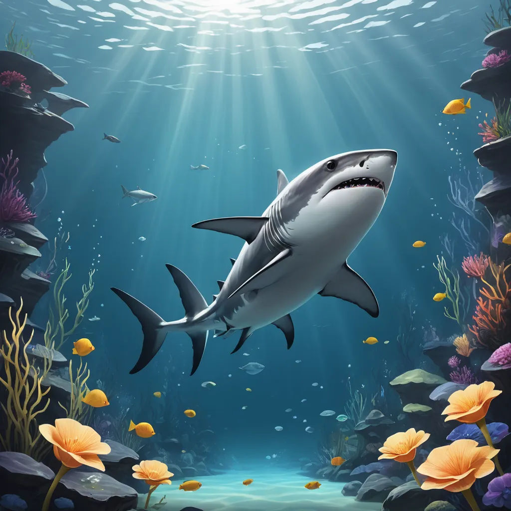 a shark swimming in the ocean with a lot of fish around it's neck and a sunbeam above it, pop surrealism, a digital painting, Cyril Rolando, highly detailed digital painting