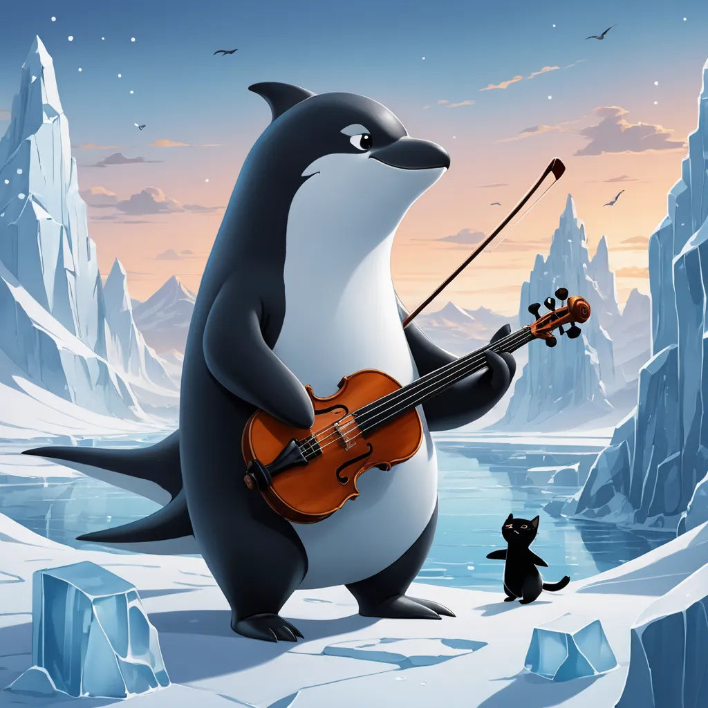 a penguin playing a violin while a cat looks on from the icebergs in the background, with a penguin playing the violin, sots art, a storybook illustration, Cliff Childs, promotional image