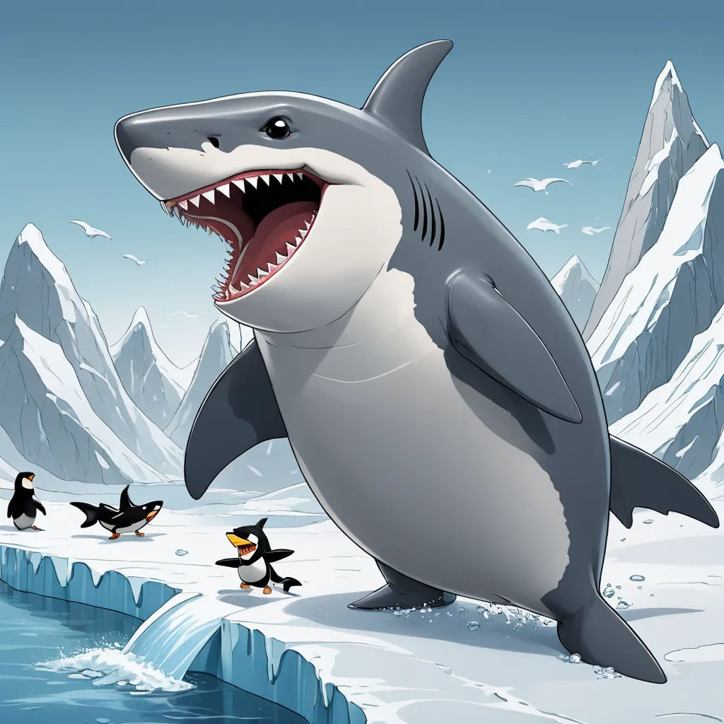 a cartoon shark with a penguin swimming in the water and penguins in the background, with mountains and snow, pop surrealism, a storybook illustration, Chris LaBrooy, 2 d game art
