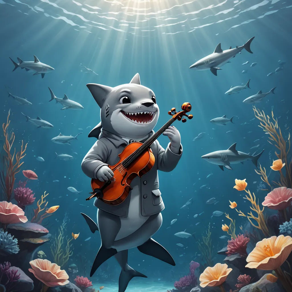a cartoon shark playing a violin in the ocean with sharks around him and a fish swimming around him,, fantasy art, a storybook illustration, Alejandro Burdisio, rossdraws global illumination