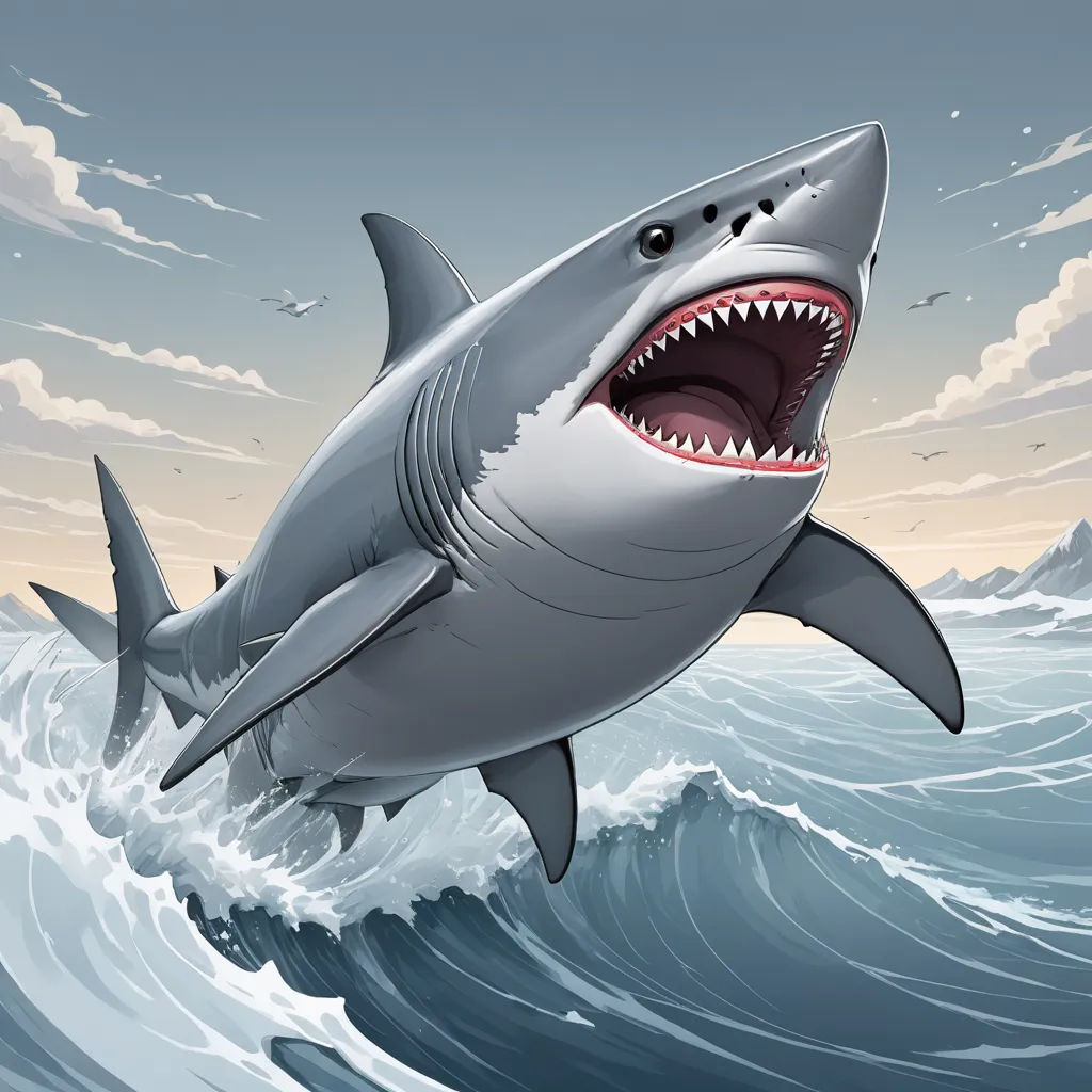 a shark with its mouth open in the ocean with a wave in the background and a bird flying above, fantasy art, an illustration of, Chris LaBrooy, sharp foccus ilustration