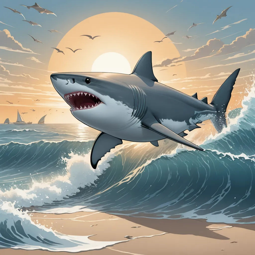 a shark is jumping over the waves in the ocean at sunset or sunrise time, with a boat in the background, pop surrealism, a comic book panel, Dan Mumford, highly detailed digital painting