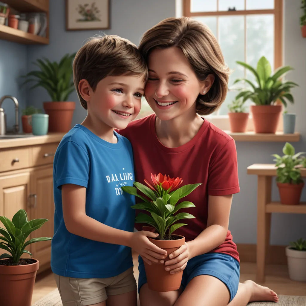 a woman and a boy are sitting on the floor with a potted plant in front of them and smiling, photorealism, a photorealistic painting, Chris LaBrooy, ultra realistic digital art