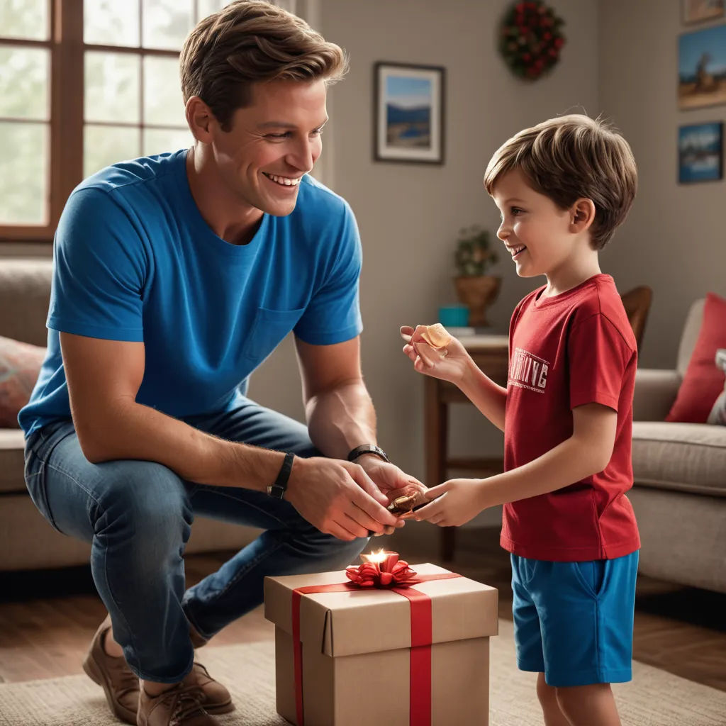 a man and a boy are opening a gift box together in a living room with a couch and a christmas tree, photorealism, a stock photo, Doug Ohlson, promotional image