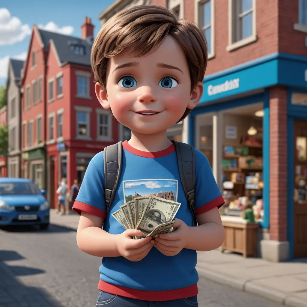 a cartoon boy holding a bunch of money in his hands on a city street with a car parked on the side of the road, photorealism, concept art, Charles Fremont Conner, promotional image