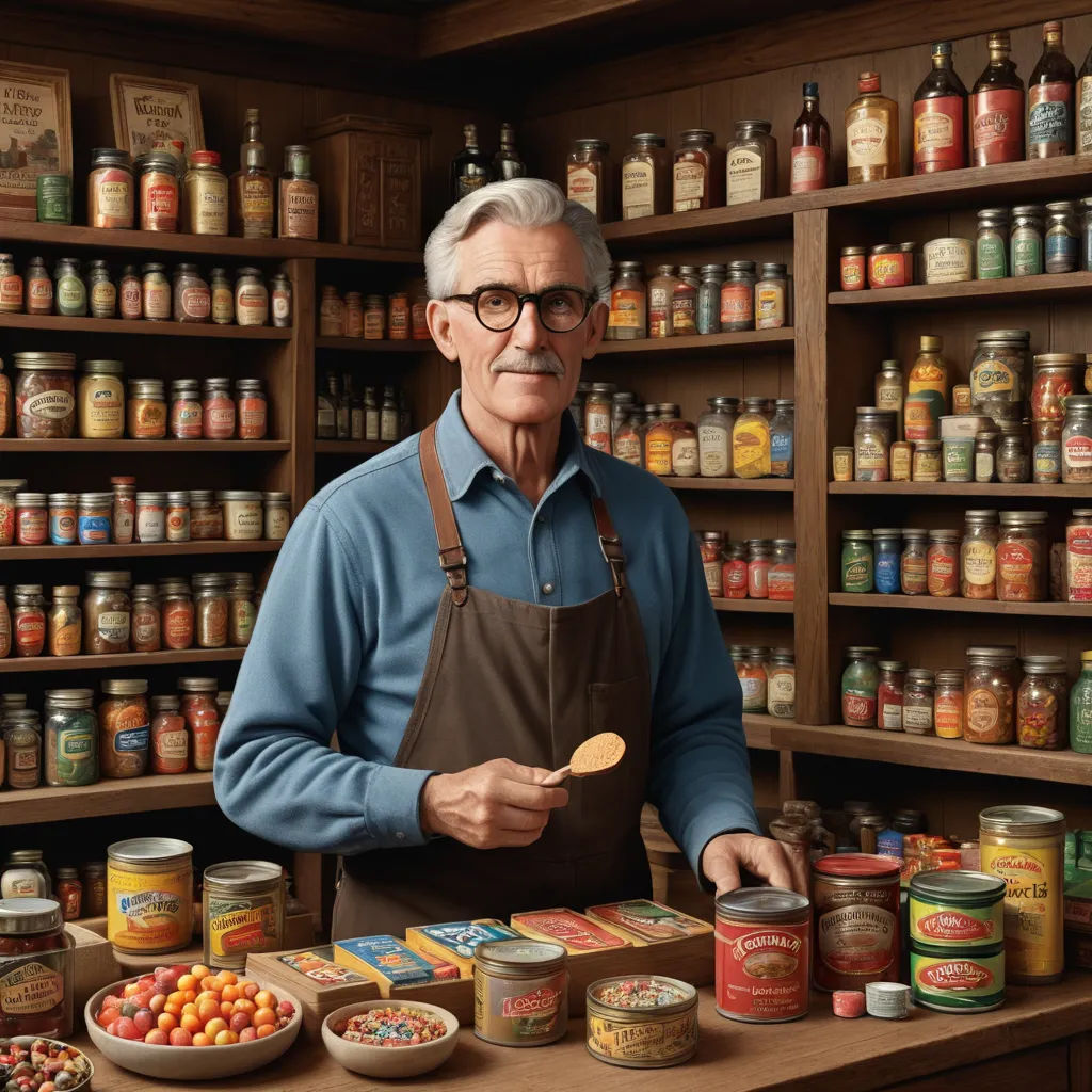a man in an apron standing in front of a shelf of jars and jars of food and a spoon, hyperrealism, a colorized photo, Chris LaBrooy, kodachrome