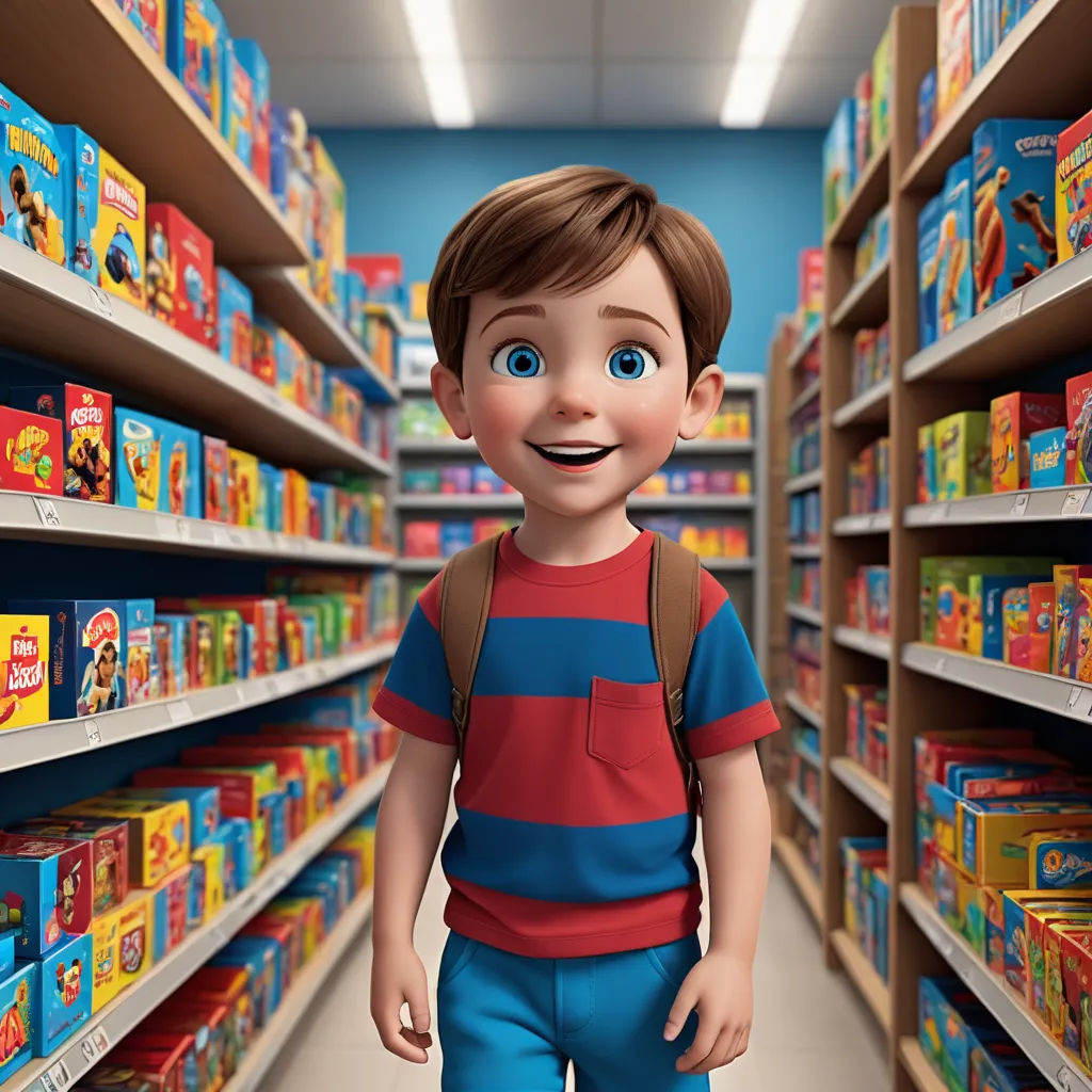 a cartoon boy is standing in a store aisle with a backpack on his back and a smile on his face, photorealism, concept art, Andries Stock, pixar style