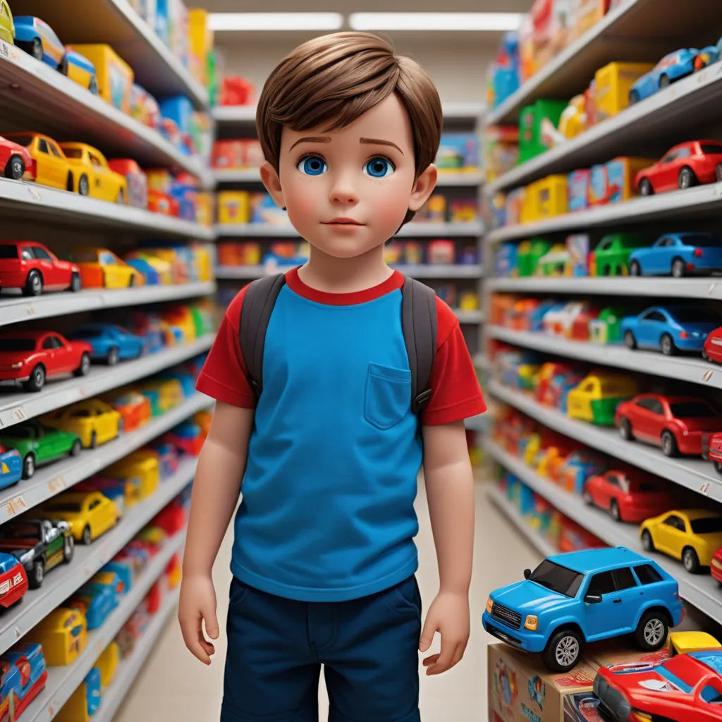 a boy in a toy store with a toy truck and a toy truck in the aisle of the store, photorealism, a computer rendering, Chris LaBrooy, promotional image