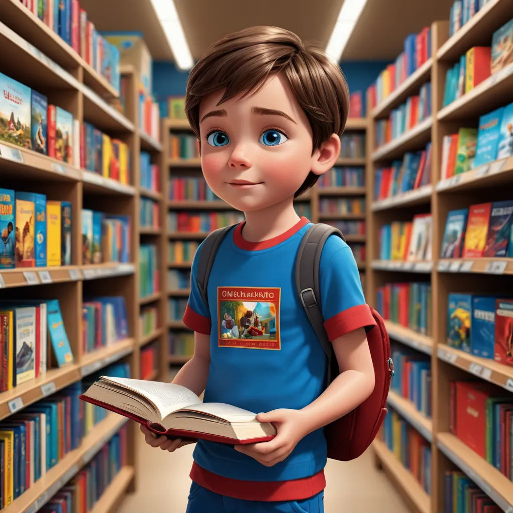 a cartoon boy is reading a book in a library with bookshelves full of books behind him and a backpack on his shoulder, photorealism, a storybook illustration, Cliff Childs, pixar and disney animation