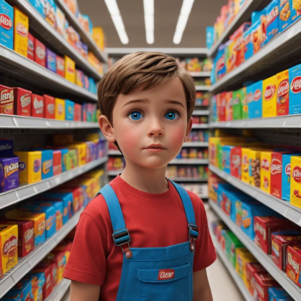 a boy in a grocery store aisle with a blue apron on and a red shirt on and a blue backpack on, photorealism, a photorealistic painting, Daniel Lieske, photoreal
