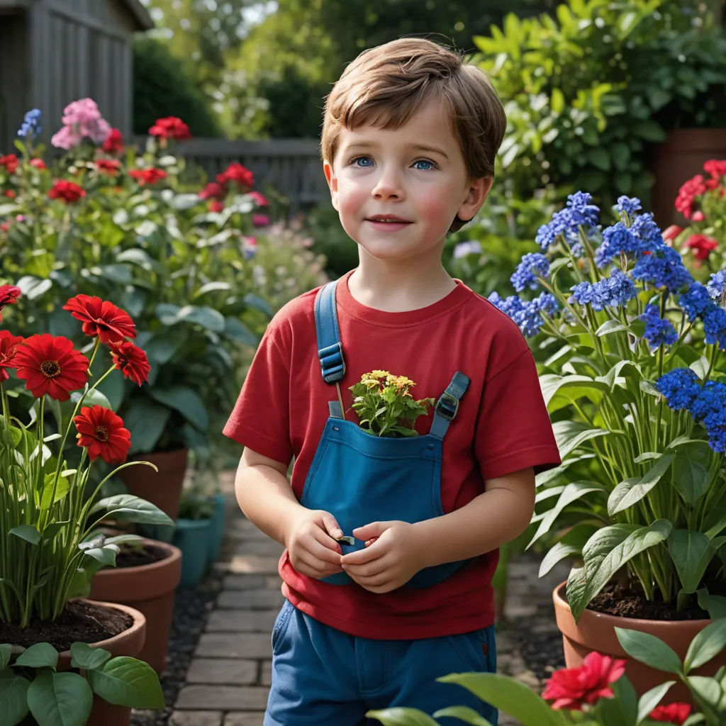 a young boy standing in a garden filled with flowers and plants, holding a potted plant in his hands, heidelberg school, a stock photo, Claire Hummel, product photo