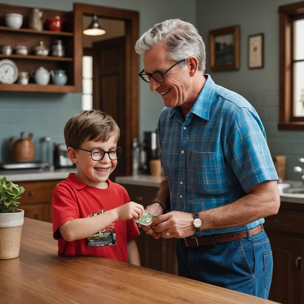 a man and a boy are standing in a kitchen together and smiling at each other while they are holding a piece of paper, photorealism, a stock photo, Doug Ohlson, promotional image