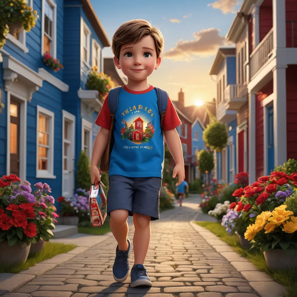 a boy walking down a street with a bag of luggage in his hand and a house in the background, photorealism, a storybook illustration, Chris LaBrooy, promotional image