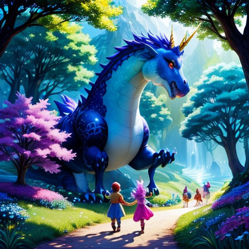 a painting of a dragon and a girl walking down a path in a forest with trees and flowers on either side of the road