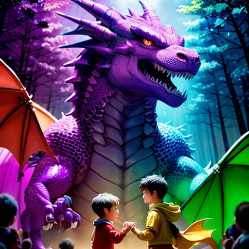 a boy and a boy are standing in front of a dragon statue with a child holding hands with a dragon