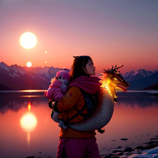 a woman carrying a baby in a dragon costume on a beach at sunset with mountains in the background and a lake in the foreground