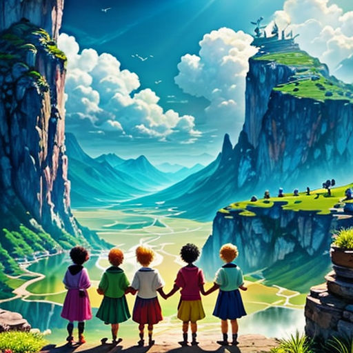 three children holding hands looking at a mountain landscape with a castle in the distance and a river running through it