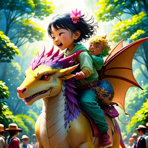 a child riding on the back of a dragon in a forest with other people around it and a woman holding a child
