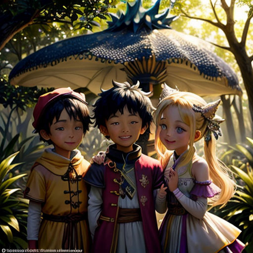 three children are standing in front of a mushroom like structure in the woods, with trees and foliage in the background