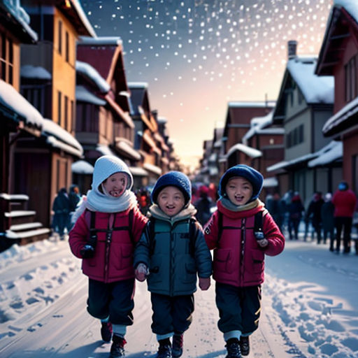 three children walking down a snowy street in a town with houses and snow falling from the sky and stars