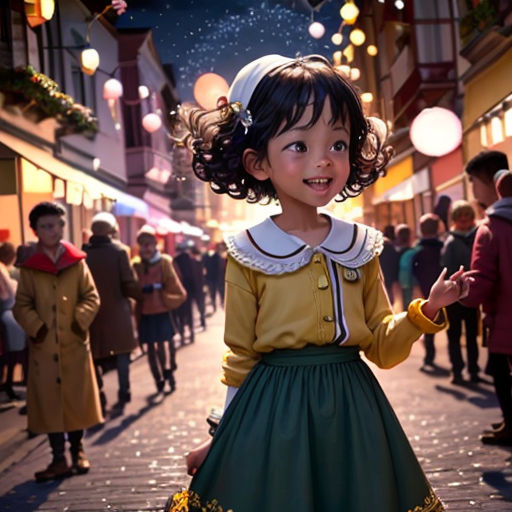 a little girl in a dress standing on a street with people walking around her and a man in a red coat