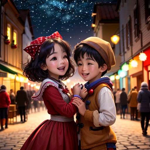 two children are standing together in a street at night with a star in the sky above them and a crowd of people walking down the street