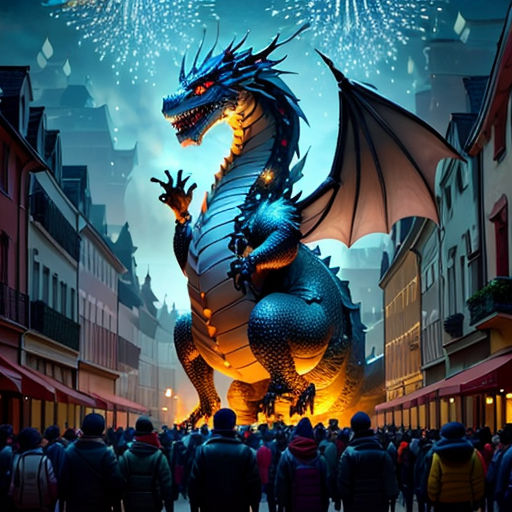 a dragon statue is in the middle of a crowd of people watching it float in the air with fireworks