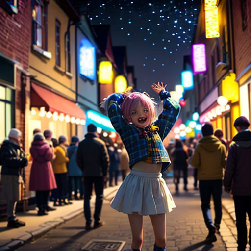 a girl with pink hair and a blue shirt is standing on a sidewalk in a city at night with people walking around
