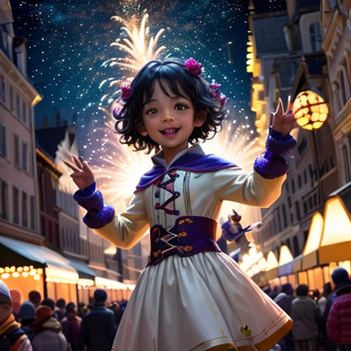 a young girl dressed in a costume standing in a street with fireworks in the background and a crowd of people