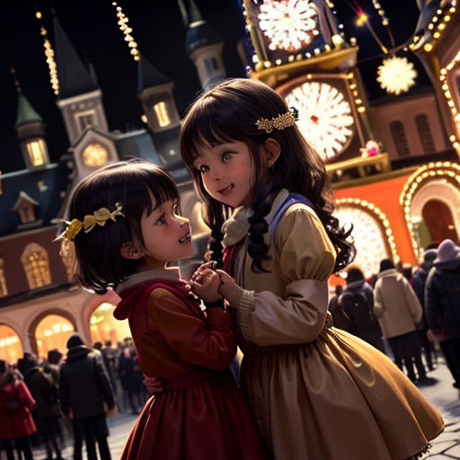 two little girls standing next to each other in front of a building with a clock tower in the background
